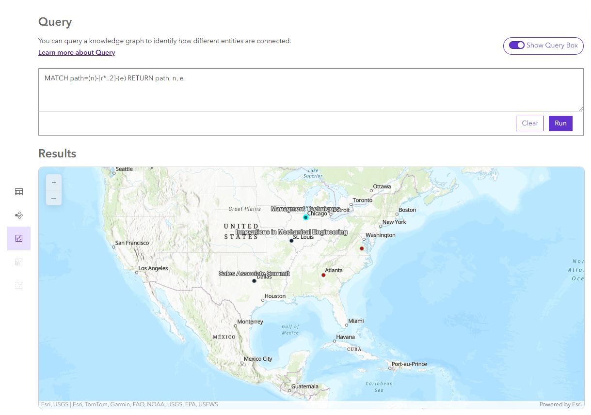 Map preview of query results shows any selections made in the table view. Map preview of query results shows any selections made in the table view.
