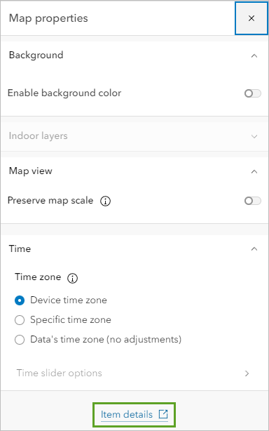 Item details link in the Map Properties pane Item details link in the Map Properties pane